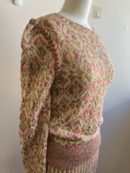 NL, Khaki Pink Lt Brown & Seafoam Diamond Patterned Knit, L/S, Pullover, Keyhole Back, CN,