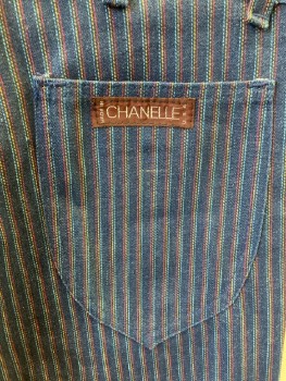 CHANELLE, Dk Blue with Multi Colored Stitched Vertical Stripes, Cotton, Hi Waist, 1 Coin Pkt, 2 Patch Pocket In Back, Taperred Zipper Cuffs