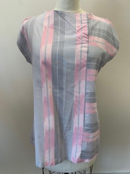 Womens, Shirt, BIRDS + BEES, Pink, Gray, Polyester, Cotton, Stripes, B42, S/S, Round Neck, Neck Snap Buttons,