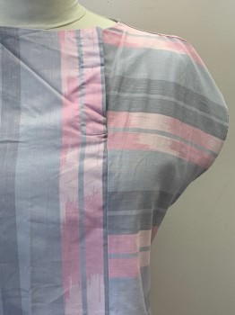BIRDS + BEES, Pink, Gray, Polyester, Cotton, Stripes, S/S, Round Neck, Neck Snap Buttons,