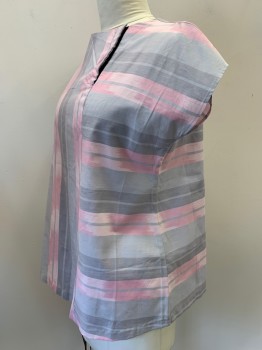 BIRDS + BEES, Pink, Gray, Polyester, Cotton, Stripes, S/S, Round Neck, Neck Snap Buttons,