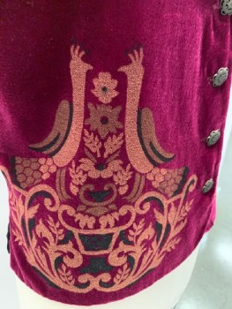 Womens, Vest, CAROLE LITTLE, Red Burgundy, Black, Dusty Rose Pink, Cotton, Rayon, Floral, Novelty Pattern, M, V-Neck, 4 Filigree Button Front Closure, Velvet with Painted Pattern Of Peacocks & Flowers, Chiffon Back with Self Tie