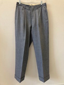 Mens, 2 Piece Suit, TOWN CLAD, Blue, White, Red, Wool, Stripes - Pin, 31/30, Pleated Front, Belt Loops, Zip Front, Side And Back Pockets, Cuffed
