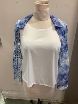 Womens, Blouse, ALFRED DUNNER, White, Blue, Polyester, Tie-dye, Medallion Pattern, M, Tie Dye Lace L/S, C.A Over Shirt, Attached White Tank Under