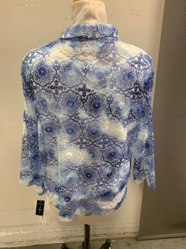Womens, Blouse, ALFRED DUNNER, White, Blue, Polyester, Tie-dye, Medallion Pattern, M, Tie Dye Lace L/S, C.A Over Shirt, Attached White Tank Under