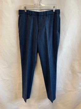 BROOKS BROTHERS, Navy Blue, White, Wool, Stripes - Pin, Side Pockets, Zip Front, F.F, 2 Pockets