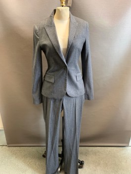 THEORY, Lt Gray, White, Wool, Stripes - Chalk , Peaked Lapel 1 Button Front, 2 Pockets