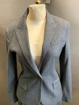 Womens, Suit, Jacket, THEORY, Lt Gray, White, Wool, Stripes - Chalk , 2, Peaked Lapel 1 Button Front, 2 Pockets