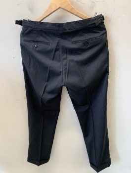 Mens, Suit, Pants, Ralph Lauren, Black, White, Wool, Viscose, Stripes - Pin, 30+, 32, Zip Fly, 4 Pockets, Adjustable Straps on Left & Right Hip, Sewn Cuffs on Legs