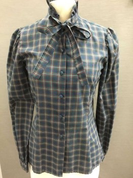 CRAZY HORSE, Navy Blue, Forest Green, Red, White, Polyester, Cotton, Plaid-  Windowpane, Plaid, L/S, Button Front, Band Collar W/ Ruffle Edge, Self Ties (Pussy Bow) At Neck