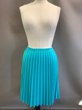 Womens, Skirt, NO LABEL, Turquoise Blue, Lt Blue, Polyester, 2 Color Weave, S12, W30-32, Elastic Waist Band, Pleated, Below Knee Length