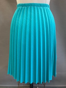 Womens, Skirt, NO LABEL, Turquoise Blue, Lt Blue, Polyester, 2 Color Weave, S12, W30-32, Elastic Waist Band, Pleated, Below Knee Length