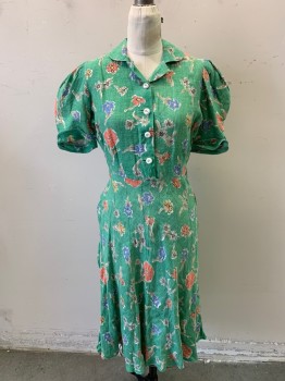Womens, Dress, N/L, Lt Green, White, Multi-color, Cotton, Linen, Floral, Oxford Weave, W27, B36, H38, Short Sleeves, Puff Sleeves, Peter Pan Collar, Half Button Down, 4 White Plastic Buttons, Size Snaps/Hook N Eyes, Self Skirt Piping,