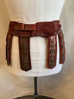Unisex, Historical Fiction Belt, MTO, Red Burgundy, Brown, Leather, OS, Studded, Silver Metal Details, Silver Buckle