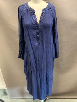 Womens, Dress, Long & 3/4 Sleeve, SATURDAY SUNDAY, Indigo Blue, Viscose, Solid, XS, Henley Button Front, with Side Slits & Elastic Cuffs.