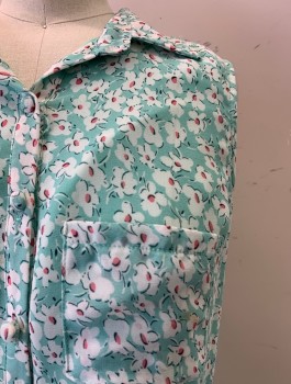 Womens, Dress, Sleeveless, LUCEA COUTURE, Aqua Blue, Multi-color, Polyester, Floral, S, C.A., Button Front, Slvls, 1 Pocket, White with Pink Center Floral Print