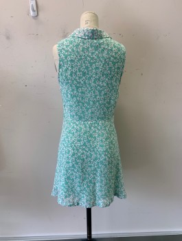 Womens, Dress, Sleeveless, LUCEA COUTURE, Aqua Blue, Multi-color, Polyester, Floral, S, C.A., Button Front, Slvls, 1 Pocket, White with Pink Center Floral Print