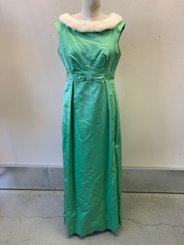NO LABEL, Lt Green, Silk, Solid, Sleeveless, Boat Neck, Fur Neckline, Waist Bow, Pleated, Back Zipper, Made to Order