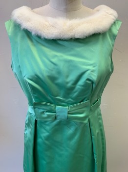 NO LABEL, Lt Green, Silk, Solid, Sleeveless, Boat Neck, Fur Neckline, Waist Bow, Pleated, Back Zipper, Made to Order