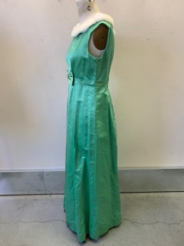 Womens, Evening Gown, NO LABEL, Lt Green, Silk, Solid, W32, B34, Sleeveless, Boat Neck, Fur Neckline, Waist Bow, Pleated, Back Zipper, Made to Order