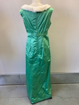 Womens, Evening Gown, NO LABEL, Lt Green, Silk, Solid, W32, B34, Sleeveless, Boat Neck, Fur Neckline, Waist Bow, Pleated, Back Zipper, Made to Order