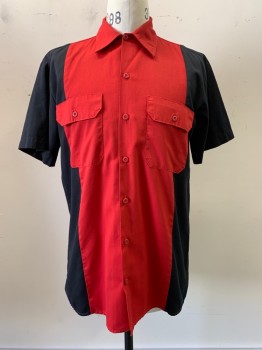 Dickies, Black, Red, Polyester, Cotton, Color Blocking, S/S, Button Front, Collar Attached, Chest Pockets