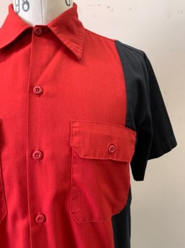 Dickies, Black, Red, Polyester, Cotton, Color Blocking, S/S, Button Front, Collar Attached, Chest Pockets