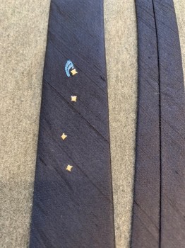Mens, Tie, N/L, Navy Blue, White, Lt Blue, Wool, Silk, Solid, Stars, O/S, Slubbed, with Embroidered Stars with Lt Blue Wave?