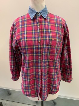 Womens, Shirt, QUIZ Z, Wine Red, Multi-color, Cotton, Plaid, B40, M, L/S, Button Front, 1 Pocket, Denim Collar, Early 1990's