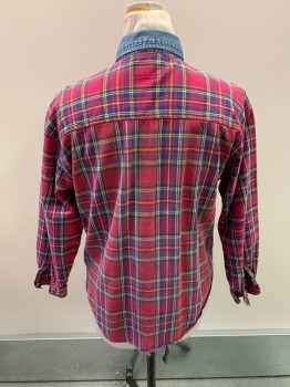 Womens, Shirt, QUIZ Z, Wine Red, Multi-color, Cotton, Plaid, B40, M, L/S, Button Front, 1 Pocket, Denim Collar, Early 1990's