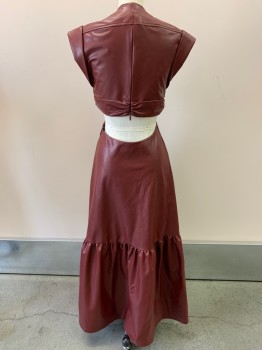 ALC, Red Burgundy, Viscose, Polyester, Solid, Cap Sleeves, Low Cut Neckline, Bow Detail, Cut Out Waist And Back, Bottom Seam With Pleated Skirt, Back Zipper On Top And Side Zipper On Skirt