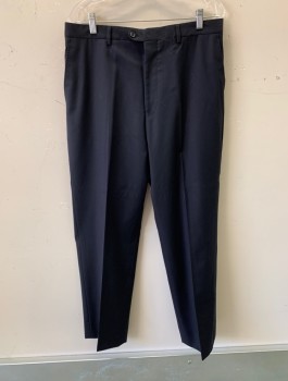 BARONI, Navy Blue, Wool, Solid, Flat Front, Button Tab, Zip Fly, 4 Pockets, Belt Loops