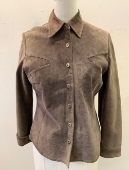 WILLI SMITH, Brown, Suede, Solid, L/S, Button Front, Collar Attached, Triangular Panels with Pockets at Chest, Polyester Lining