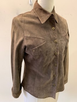 WILLI SMITH, Brown, Suede, Solid, L/S, Button Front, Collar Attached, Triangular Panels with Pockets at Chest, Polyester Lining