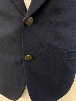 ISTANTE, Navy Blue, Black, Wool, Glen Plaid, Notched Lapel, 2 Buttons, Single Breasted, 3 Pockets, Metal Buttons, Double Vents, Unlined