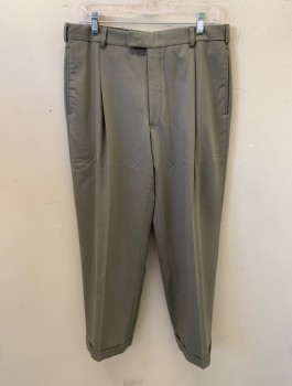 KENNETH COLE, Lt Olive Grn, Wool, Solid, Zip Front, Hook Closure, Pleated Front, 4 Pockets, Cuffed