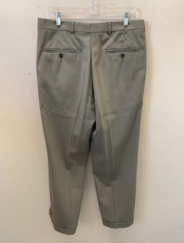 Mens, Suit, Pants, KENNETH COLE, Lt Olive Grn, Wool, Solid, L29, W33, Zip Front, Hook Closure, Pleated Front, 4 Pockets, Cuffed