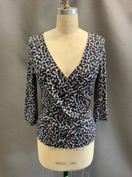 Womens, Top, BCBG, White, Blue, Black, Lilac Purple, Brown, Polyester, Rectangles, Squares, M, Turtle Neck, Ribbed Neck, L/S
