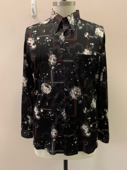 JCPENNEY, Black, Multi-color, Acetate, Nylon, Floral, C.A., Button Front, L/S, 1 Pocket, Gray Flowers with Red Details, Dark Gray, White And Red Lines