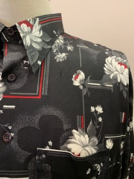 JCPENNEY, Black, Multi-color, Acetate, Nylon, Floral, C.A., Button Front, L/S, 1 Pocket, Gray Flowers with Red Details, Dark Gray, White And Red Lines