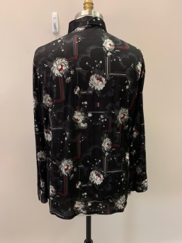 Mens, Casual Shirt, JCPENNEY, Black, Multi-color, Acetate, Nylon, Floral, 37, 18.5, C.A., Button Front, L/S, 1 Pocket, Gray Flowers with Red Details, Dark Gray, White And Red Lines