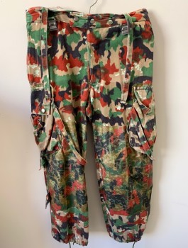 Mens, Pants, N/L, Tan Brown, Red-Orange, Green, Black, Cotton, Polyester, Camouflage, L:29, W:34, Cargo Pant, Button Fly, Corded Adjustable Hem, Faux Overalls With Metal Cam Buckles, Silver Notions, Plastic/Rubber Patches On Knees