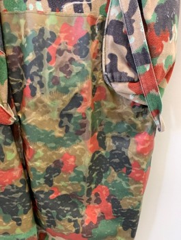Mens, Pants, N/L, Tan Brown, Red-Orange, Green, Black, Cotton, Polyester, Camouflage, L:29, W:34, Cargo Pant, Button Fly, Corded Adjustable Hem, Faux Overalls With Metal Cam Buckles, Silver Notions, Plastic/Rubber Patches On Knees