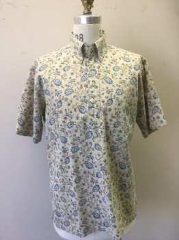 REYN SPOONER, Beige, Blue, Lt Blue, Red, Poly/Cotton, Paisley/Swirls, Novelty Floral Paisley Print . Short Sleeves, Button Down Collar, 1 Pocket, Button Placet