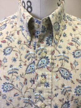 REYN SPOONER, Beige, Blue, Lt Blue, Red, Poly/Cotton, Paisley/Swirls, Novelty Floral Paisley Print . Short Sleeves, Button Down Collar, 1 Pocket, Button Placet