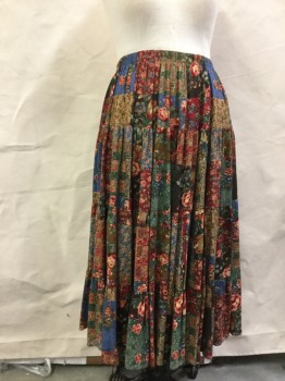 KORET CITY BLUES, Blue, Cranberry Red, Brown, Espresso Brown, Jade Green, Rayon, Floral, Patchwork, Elastic Waist, Long, Multi Ruffle Tiers with Ruffle Hem