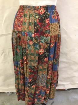 Womens, Skirt, KORET CITY BLUES, Blue, Cranberry Red, Brown, Espresso Brown, Jade Green, Rayon, Floral, Patchwork, 38/42, Elastic Waist, Long, Multi Ruffle Tiers with Ruffle Hem