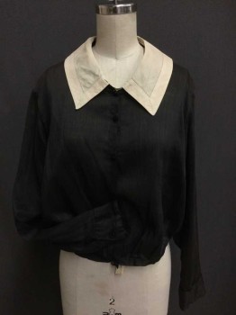 M.T.O., Black, Antique White, Rayon, Solid, Black Rayon Silk Button Front, Long Sleeves, Antique White Collar Attached, Gathered At Hem, Sleeve Cuffs, Holes Developing In Left Shoulder,