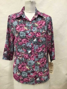 Womens, Blouse, RICHNESS FASHION, Pink, Brown, Black, Gray, Cream, Rayon, Polyester, Floral, M, Pink/burgundy/brown,gray,cream, Black Outline Floral Print, Collar Attached, Button Front,3/4 Sleeve,