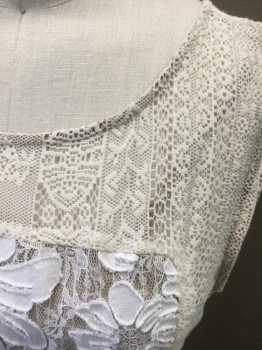 Womens, Dress, Sleeveless, MOULINETTE SOEURS, Cream, White, Beige, Cotton, Polyester, Floral, 6, Sheer White Lace with Cotton Flower Appliqués, Sleeveless, Cream Lace Accent Panel at Shoulders and Waistband, Sleeveless, Scoop Neck, A-Line, Knee Length, Back is Cream Lace in Wrapped V Closure, Solid Beige Slip Underlayer with Spaghetti Straps